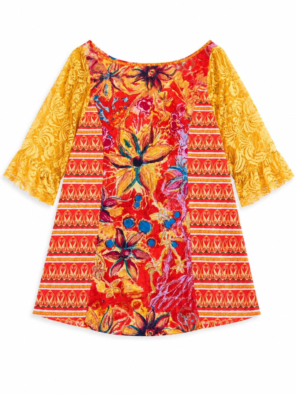 Newport News Red Floral Tunic with Yellow Lace Sleeves.  Tropical Vintage